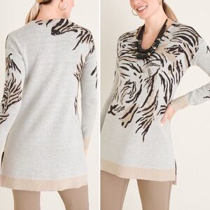 Chico’s Tiger Face Pullover Sweater 1 Medium neutral stripe animal print boxy